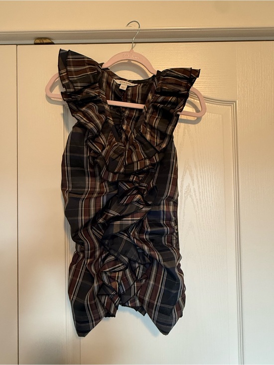 Boston Proper Tops - Boston Proper Ruffled Plaid Sleeveless Blouse in Brown & Navy